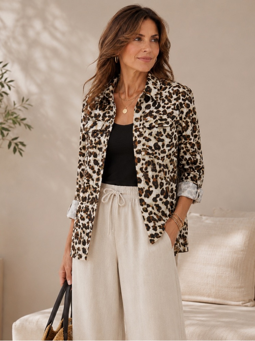 Jones New York Leopard Print Button Up Shirt Cotton Safari Utility Top
